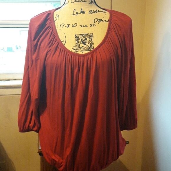 💫💫💫MICHAEL KORS DARK RED LONG SLEEVE SCOOPNECK FLOWY BLOUSE PETITE M - Picture 1 of 4